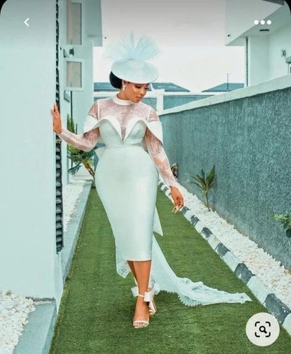 Elegant White Short Wedding Dresses Mermaid Lace Long Sleeves Tea Length Satin Classic African Women Prom Bridal Party Gown 2024