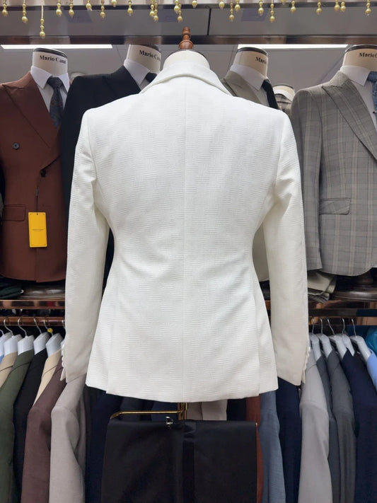 Men's White Patterned Wedding Suit, Elegant Fully Jacquard Set, Formal Groom Tuxedo, Modern Shawl Lapel Jacket With Vest Pants