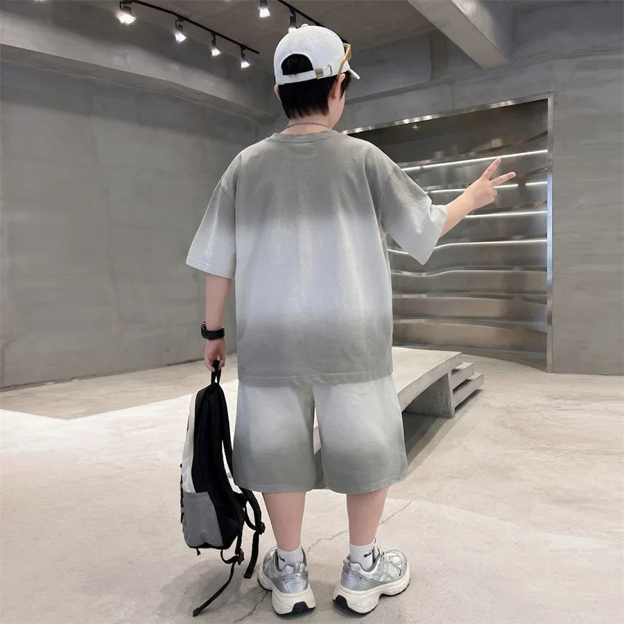 Kids Summer Set Loose Gradient Clothes for Boys Casual Suit Top and Bottom Clothes Set Child Cotton T-shirt + Shorts Tracksuit