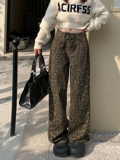 American Vintage Leopard Wide Leg Jeans Women High Waist Street Style Straight Pants Loose Fit Casual Floor Length Denim