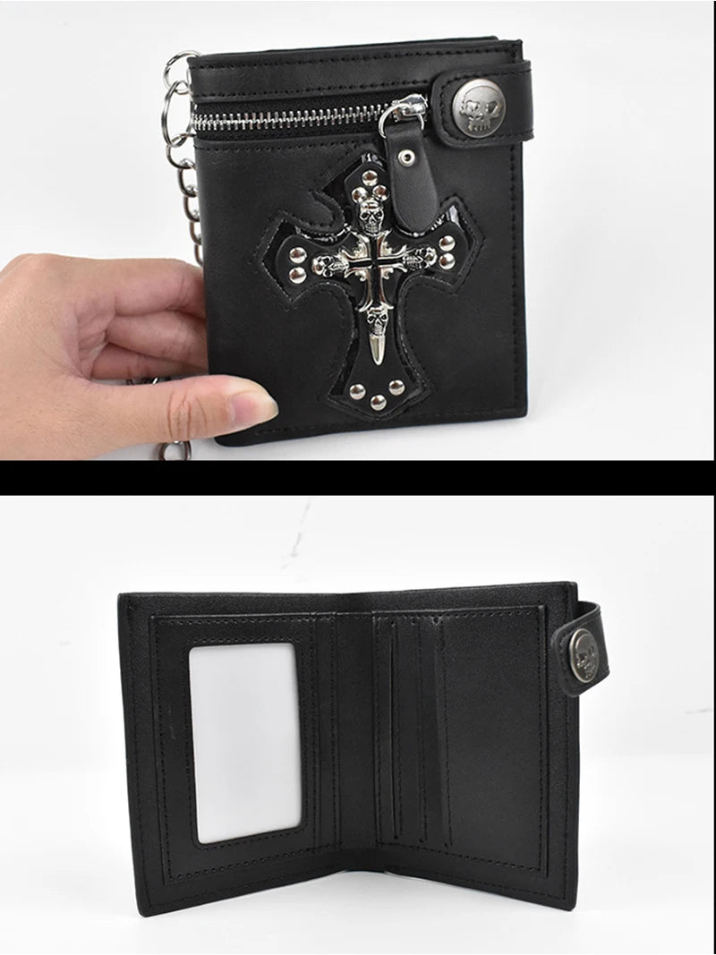 Sac à Main Rétro Punk Homme Nouveau 2025 Crâne Croix Portefeuille Pochette Chaîne Rivets Porte-cartes Vintage Rocker Multi-fonctions Mini Portefeuille