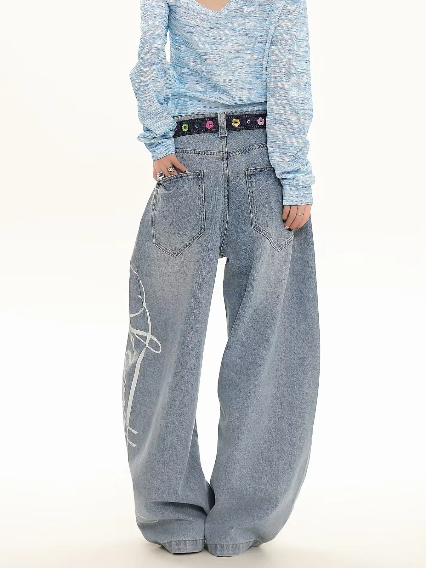 Blue Loose Wide Leg Jeans Women's Fashion High Waist Straight Cut Casual Trousers Autumn New Style Slimming Effect Cotton Pol...
