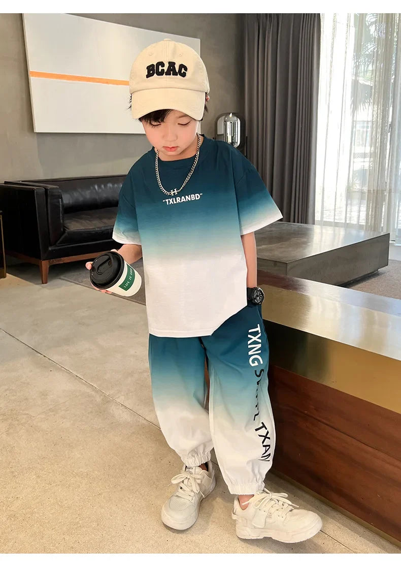 Summer Boys Gradient Contrast Alphabet t-Shirt Tops+Pant Workout Sets School Kids 2PCS Tracksuit Children Jogger Outfits 5-16 Yr
