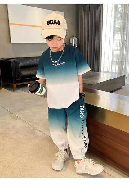 Summer Boys Gradient Contrast Alphabet t-Shirt Tops+Pant Workout Sets School Kids 2PCS Tracksuit Children Jogger Outfits 5-16 Yr