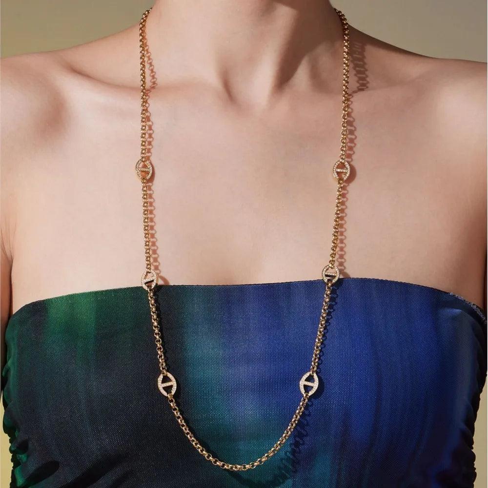 80cm Long Necklace for Women 18k Gold Plated Stainless Steel Chain Necklaces Inlaid Zircon Charm Sweater Chains Necklace