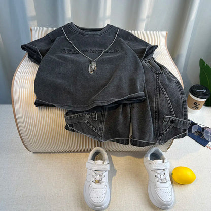 Korean Children's Summer Clothes Kids Set Outfits Boys 2026 Handsome Sleeveless&Short Sleeved T-shirt Denim Shorts 2-piece Set