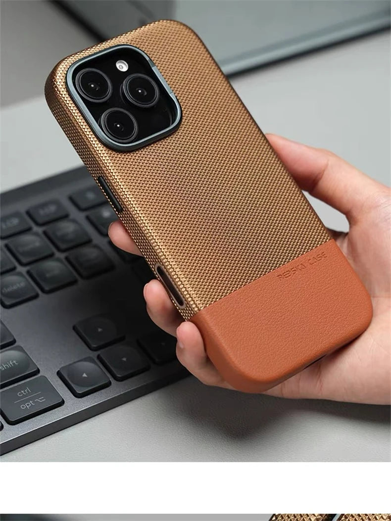 For Magsafe Fine Grained Leather Case For iPhone 17 Pro Max Ari 16 15 14 13 Metal Lens Frame Wireless Charge Accessories Cover