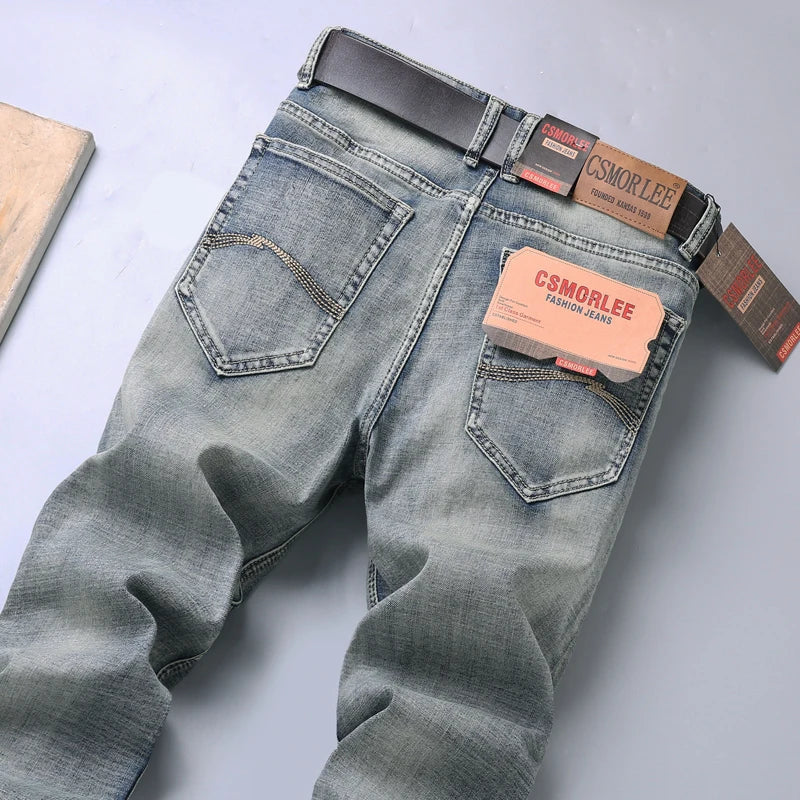 2025 Autumn New Slim Straight Jeans Men's Vintage Grey Elastic Cotton Fashion Casual Wash Denim Pants Korean Male Trousers