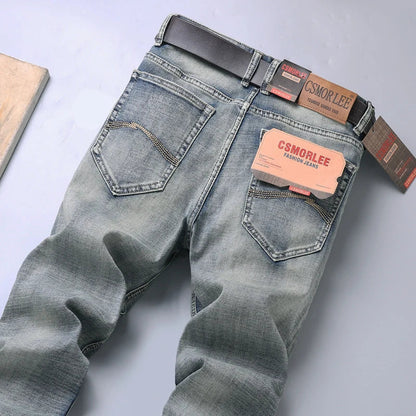 2025 Autumn New Slim Straight Jeans Men's Vintage Grey Elastic Cotton Fashion Casual Wash Denim Pants Korean Male Trousers