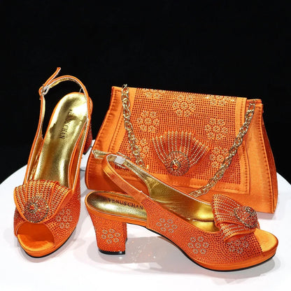 2024 Italian Design Girly Style Golden Color Wedding Shoes And Bag Full Diamond Decoration Metal Closure Bags