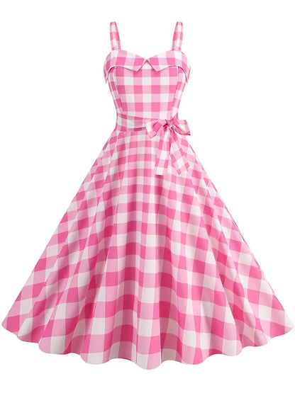 Spaghetti Strap Pink Plaid Dress Women Summer Elegant Vintage 50s Rockabilly Swing Party Dress
