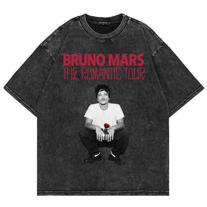100% Cotton Vintage Washed Bruno Mars The Romantic Tour 2026 T Shirt Fashion Men Aesthetic Oversized Loose Acid Wash Tees Shirts
