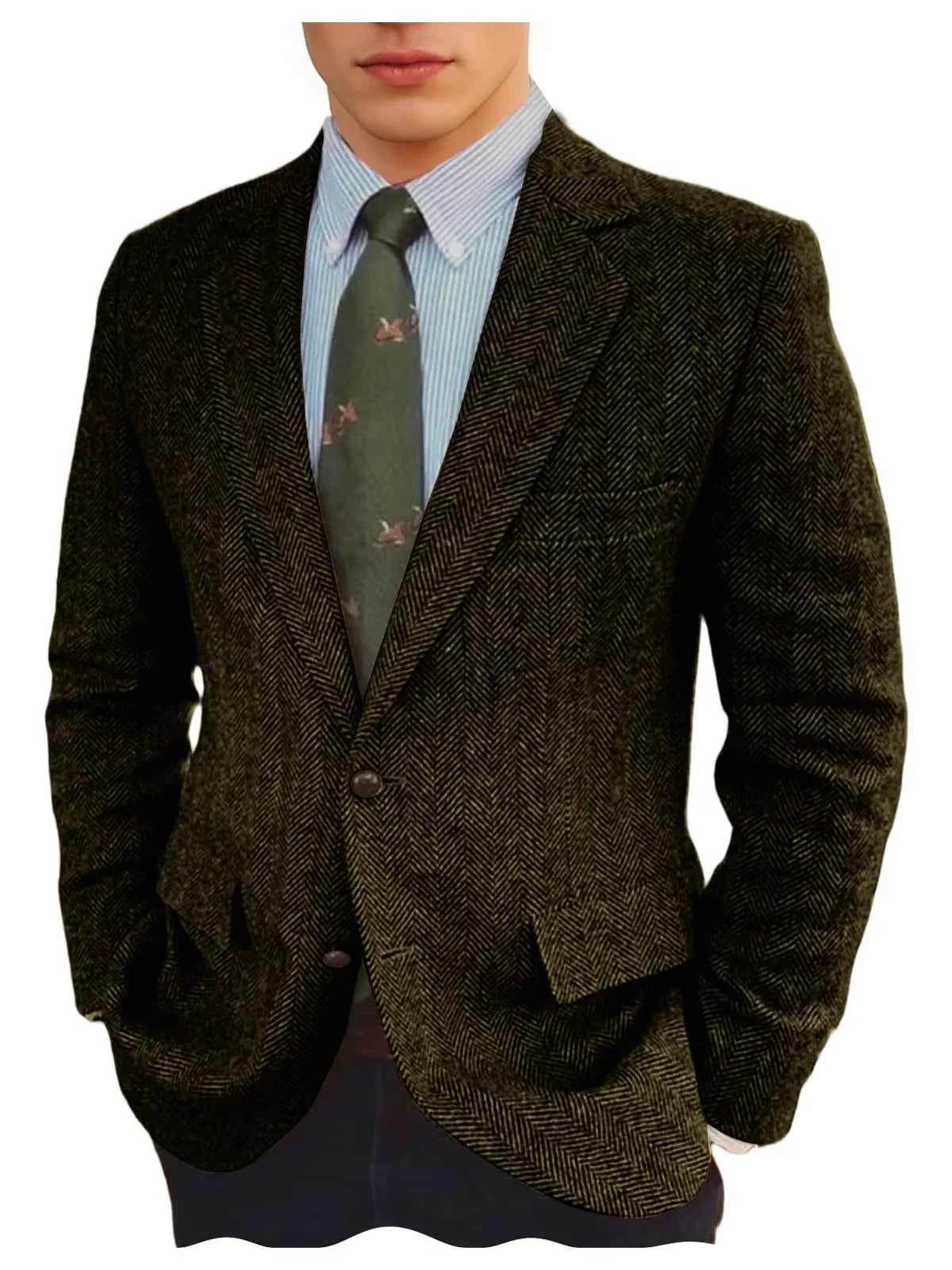 Men's Grey Herringbone Tweed Blazer Classic-Fit Notched Lapel Casual Jacket Slim Fit Business Wedding Suit Coat Plus Size