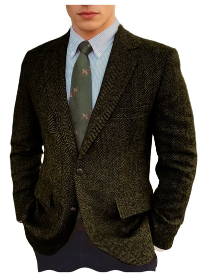 Men's Grey Herringbone Tweed Blazer Classic-Fit Notched Lapel Casual Jacket Slim Fit Business Wedding Suit Coat Plus Size