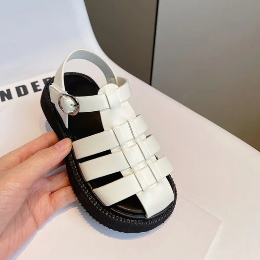 Children's Summer Sandals Girls Woven Baotou Princess Shoes Non-slip Hollow Roman Soft Sole Leather Shoes Buckle Roman Slippers