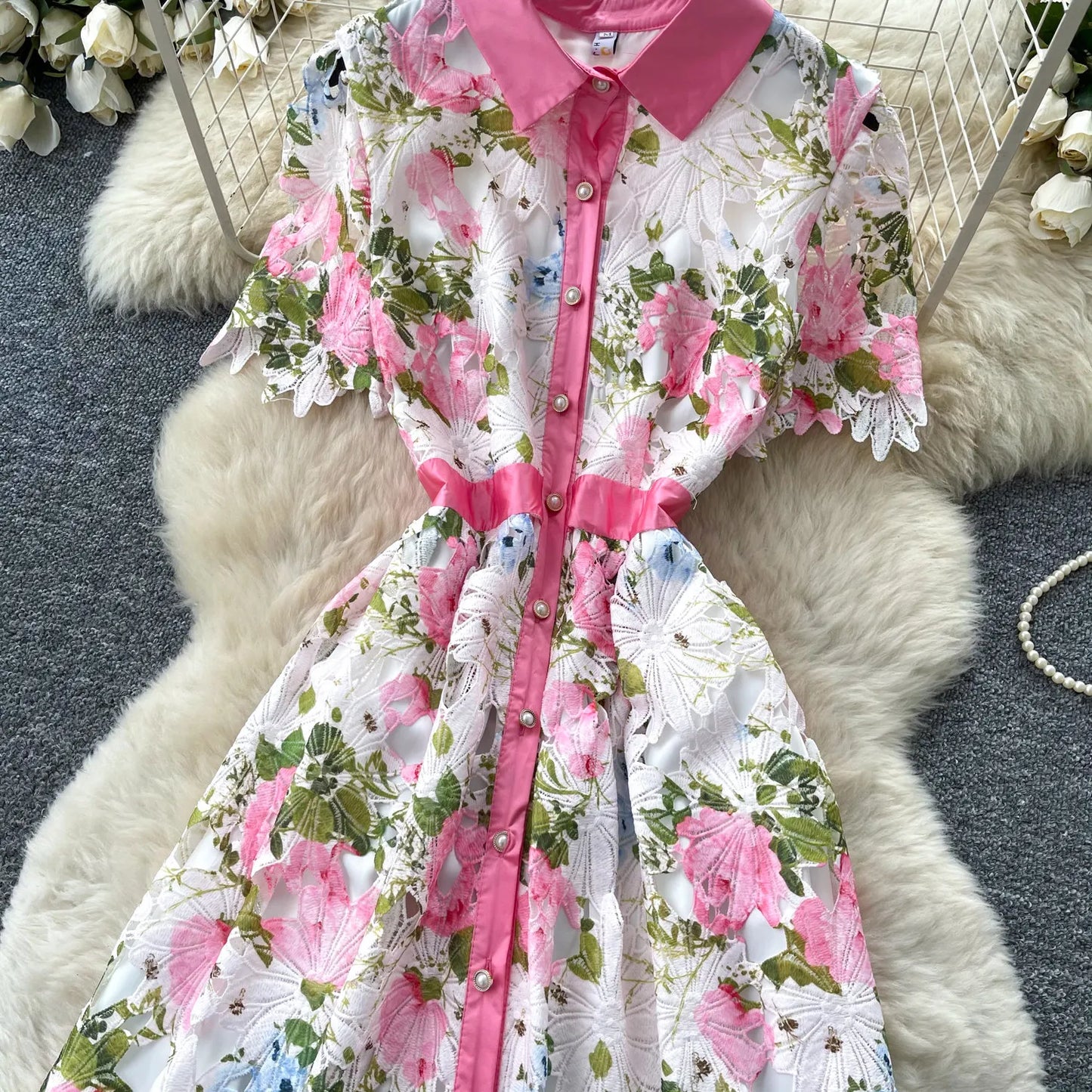 Embroidery Flower Vacation Dress French Style Blet Lapel Slim High Quality Hollow Out Ladies Elegant A-line Long Dress
