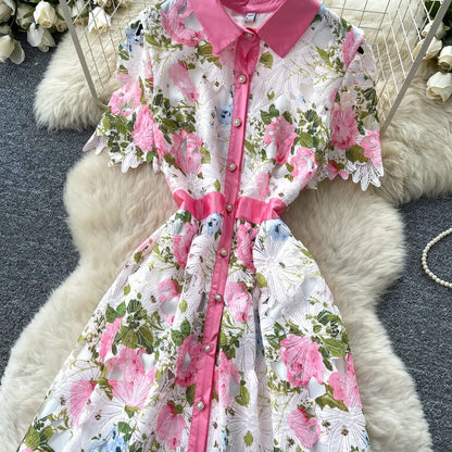 Embroidery Flower Vacation Dress French Style Blet Lapel Slim High Quality Hollow Out Ladies Elegant A-line Long Dress