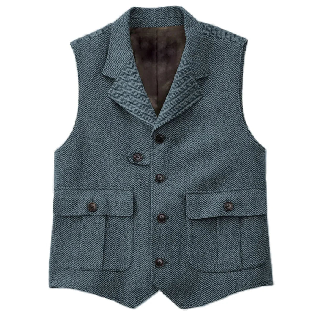 Men Vest Blue Herringbone With Lapel Single Button Waistcoat For Wedding Birthday Banquet Business Casual Work Men Suit Vest
