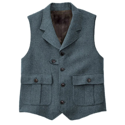 Men Vest Blue Herringbone With Lapel Single Button Waistcoat For Wedding Birthday Banquet Business Casual Work Men Suit Vest