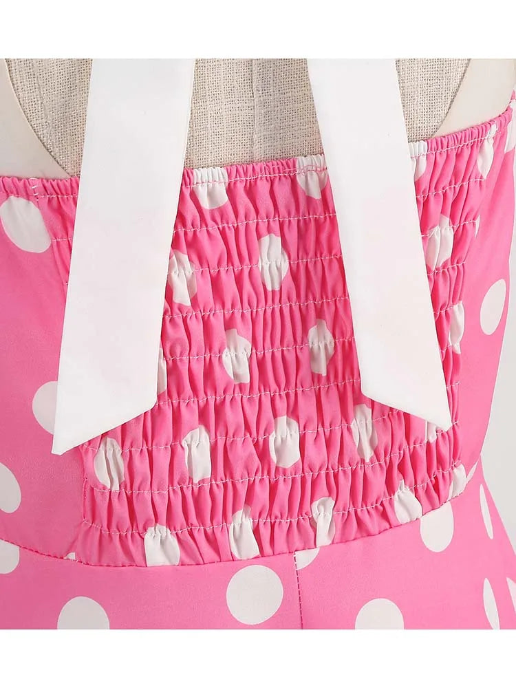 Women Summer Party Dress With Belt Polka Dot Print Halter Hepburn Robe 50s 60s Vintage Dresses