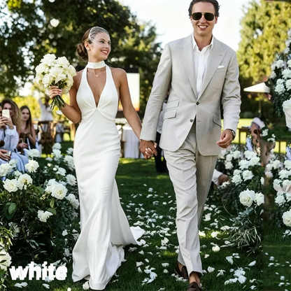 Customized Elegant Simple V-Neck Halter Mermaid Crepe Wedding Dresses For Women Boheimian Backless Sweep Train Bridal Gown