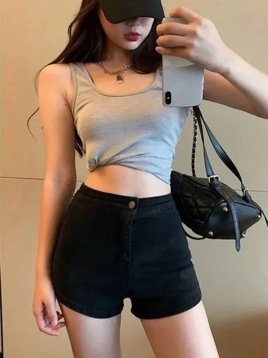 Y2K Korean Style Women's Black High Waisted Denim Shorts New A-Line Wide Leg Slim Fit Casual Summer Streetwear Trendy Hot Pants