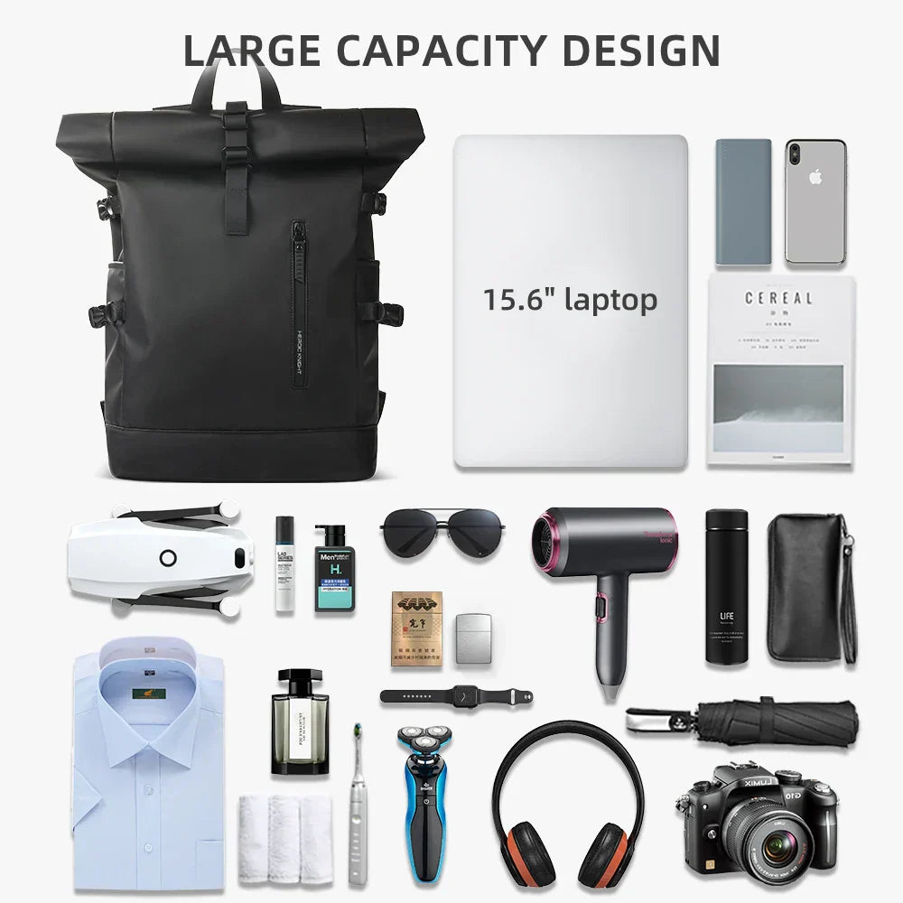 Heroic Knight Men's backpack Waterproof Roll Top Backpack Women Travel Expandable USB Charging Large Capacity Laptop Bag Mochila