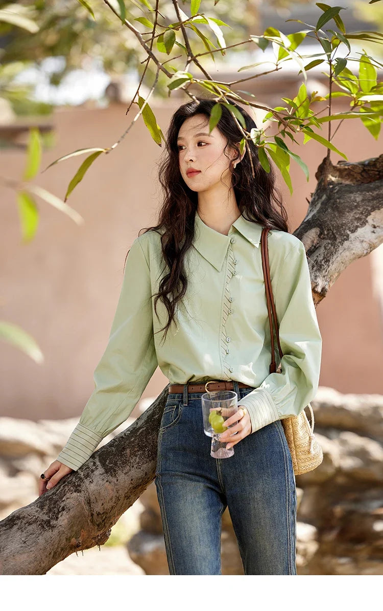 Striped Patchwork Shirt for Women Spring 2025 Irregular Single Breasted Buckle Shirts Lapel Tops Office Lady MXE12C0412
