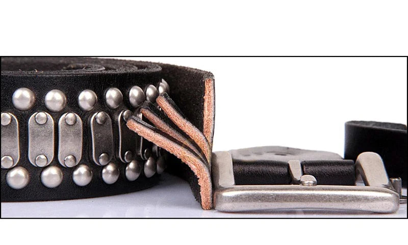 3.8CM Real Genuine Leather Belt Metal Pin Buckle Men Belt Male Wide Cowhide Hiphop Rock Rivet Belts for Men Ceinture Black