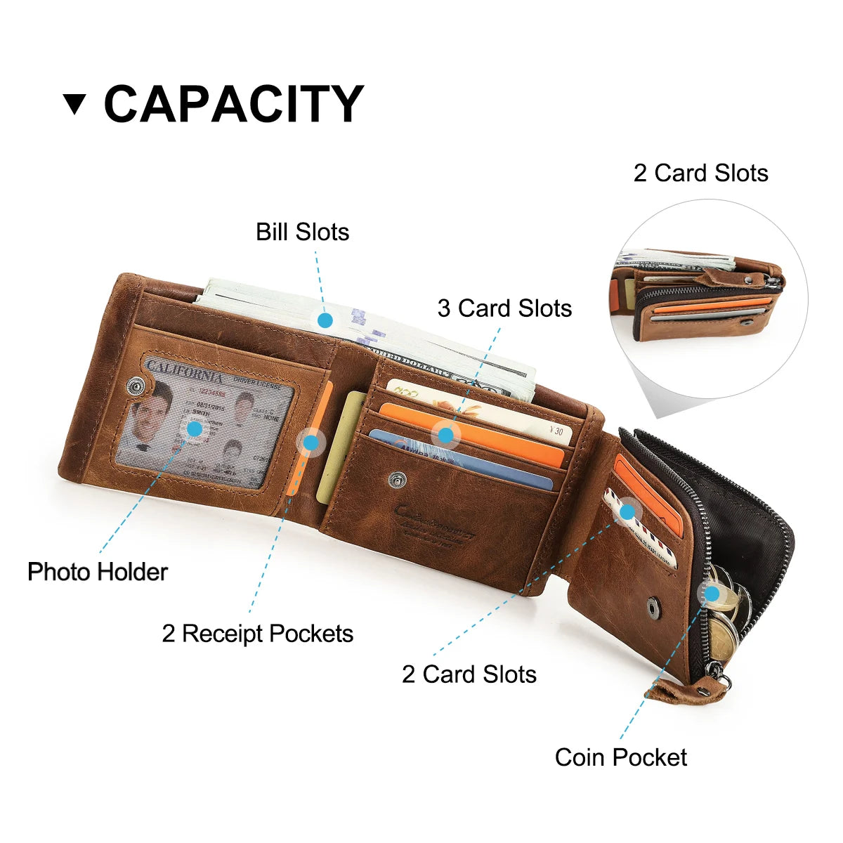 Genuine Crazy Horse Leather Men Wallets Vintage Trifold Wallet Zip Coin Pocket Purse Cowhide Leather Wallet For Mens