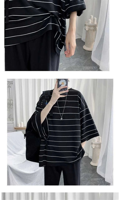 2026 Summer Oversized T-Shirt Men Funny Harajuku Tshirt Streetwear Femme Striped Japan Hip Hop Loose Half Sleeve T Shirts Male