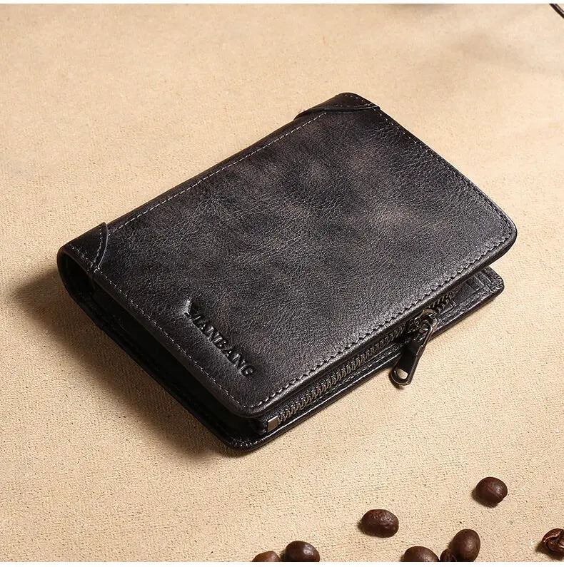 Brand Luxury Men's Wallet Zipper Short First Layer Cowhide Purse Three Fold