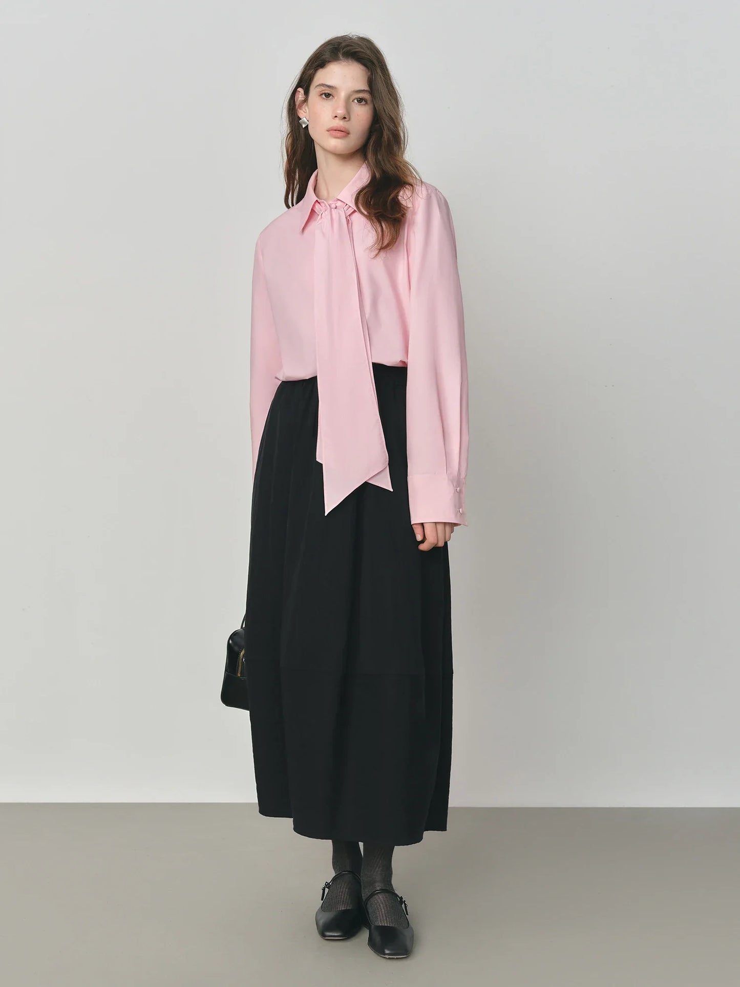 Pure Cotton Oversized Bow Detail Women's Autumn 2025 New Arrival Laid-Back Long Sleeve Blouse with Sash 25FS13213