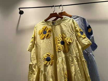 2026 Mori girl sweet blue yellow striped floral embroider patchwork dress for women summer Japan style 100% cotton long dress