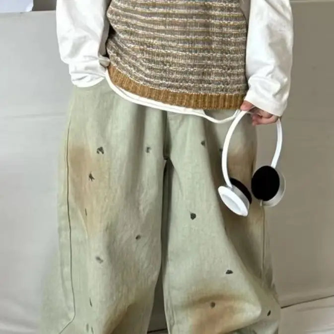 Korean Fashion Boys Spring Autumn Outfit Set Vintage Sweater Vest+ White Ripped T-shirt+printed Distressed Jeans Three Piece Set