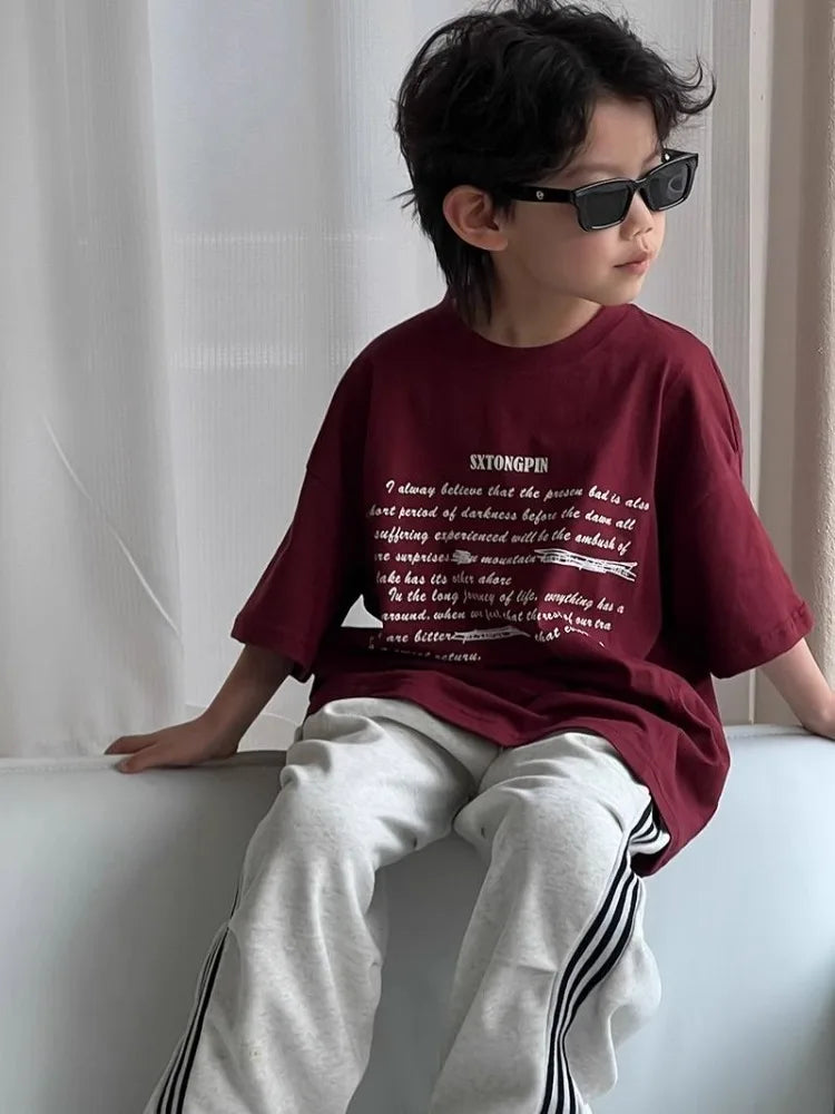 Boys' Korean Style 100% Cotton Short Sleeve T-Shirt Summer New Letter Print Casual Streetwear Cool