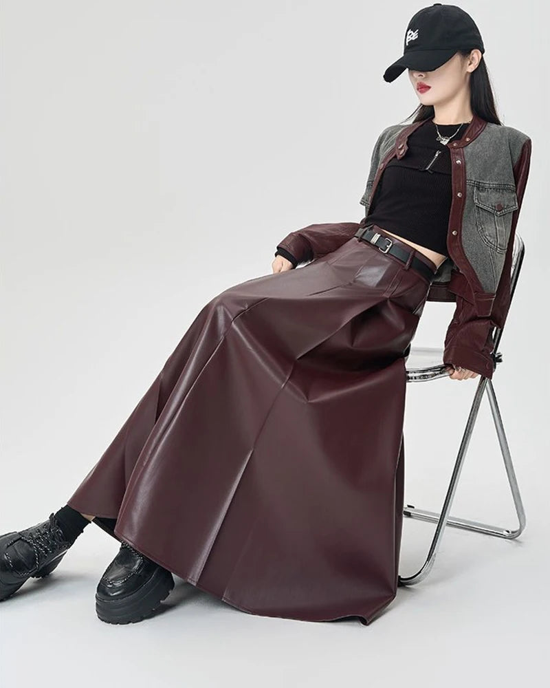 Vintage PU leather women midi skirts Y2K Autumn high waist Streetwear with belt pleated Skirt female elegant Solid A line skirts