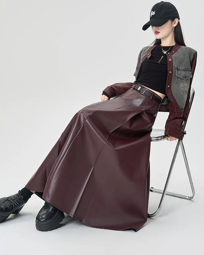 Vintage PU leather women midi skirts Y2K Autumn high waist Streetwear with belt pleated Skirt female elegant Solid A line skirts