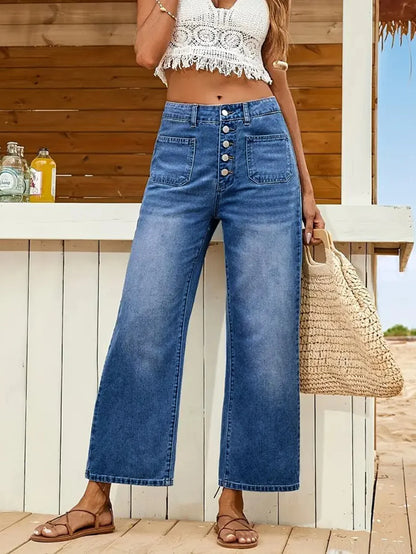 Women's Straight Leg Denim Jeans with Multi-Button Closure - Dark Wash Blue Denim Pants for Comfort and Style