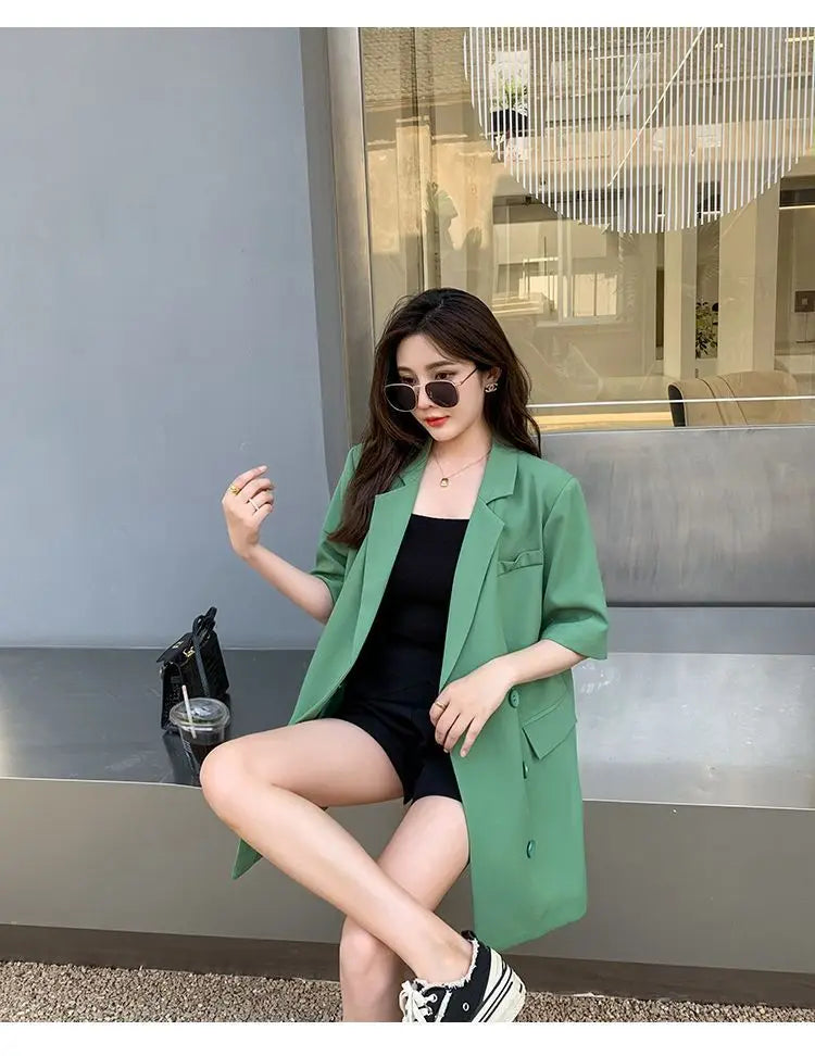 Korean Fashion Loose Thin Blazer Women Spring Autumn New Extra Large Mid Length Short Sleeved Women Coat Casual Outwear