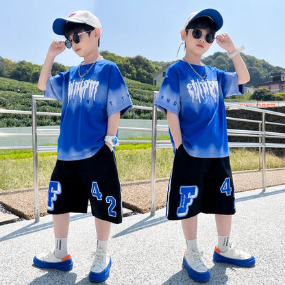 Summer Boys Cotton Alphabet Tie Dye t-Shirt Tops+Sweat Shorts Pant School Kids Tracksuit Child 2PCS Outfit Workout Set 5-16Years