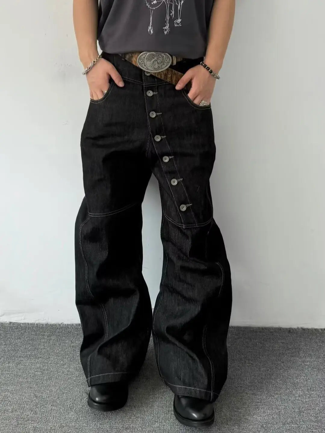 American Retro Long Row Button Design Men's Jeans High Street Loose Wide Leg Floor-Length Trousers Trendy Casual Jeans