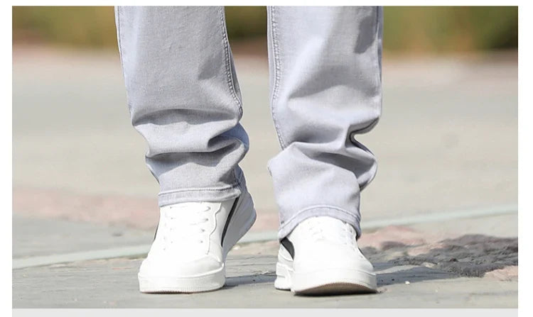 2026 Summer Brand New Men's Straight Loose Thin Jeans Simple Casual Clothing Lightweight Cotton Stretch Light Grey Jeans
