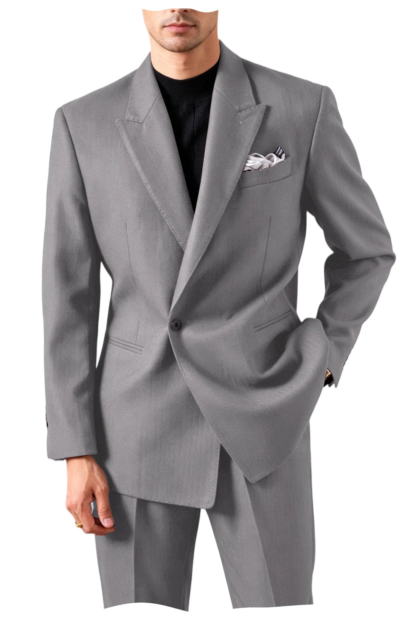 Men's Serge Tuxedo Suit Set One Button Peak Lapel Slim Fit 2 Piece Blazer Pants Casual Business Wedding Formal Outfit