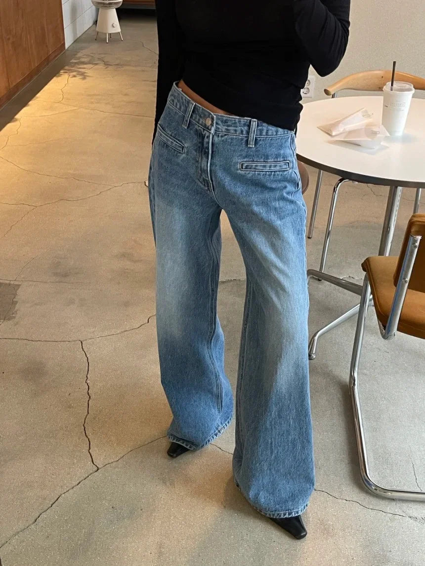 Retro High Waist Slim Fit Blue Jeans Women's Autumn Winter Straight Leg Long Pants Wide Leg Pants Classic Waed Denim