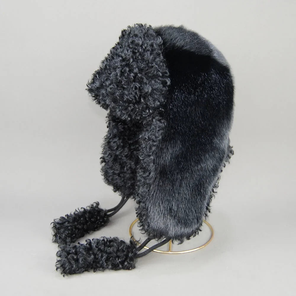 Real Fur Wool Hat Unisex New Winter Warm Bomber Russian Ushanka Hats With Ear Flaps Cow Leather Thick Snow Earflaps Baseball Cap