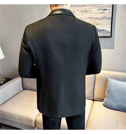 (1 Pcs Jackets) New Thicken Thicken Striped Casual Suit Jacket Fashion Splicing Leather Neck Men's Business Slim Blazers Tuxedos