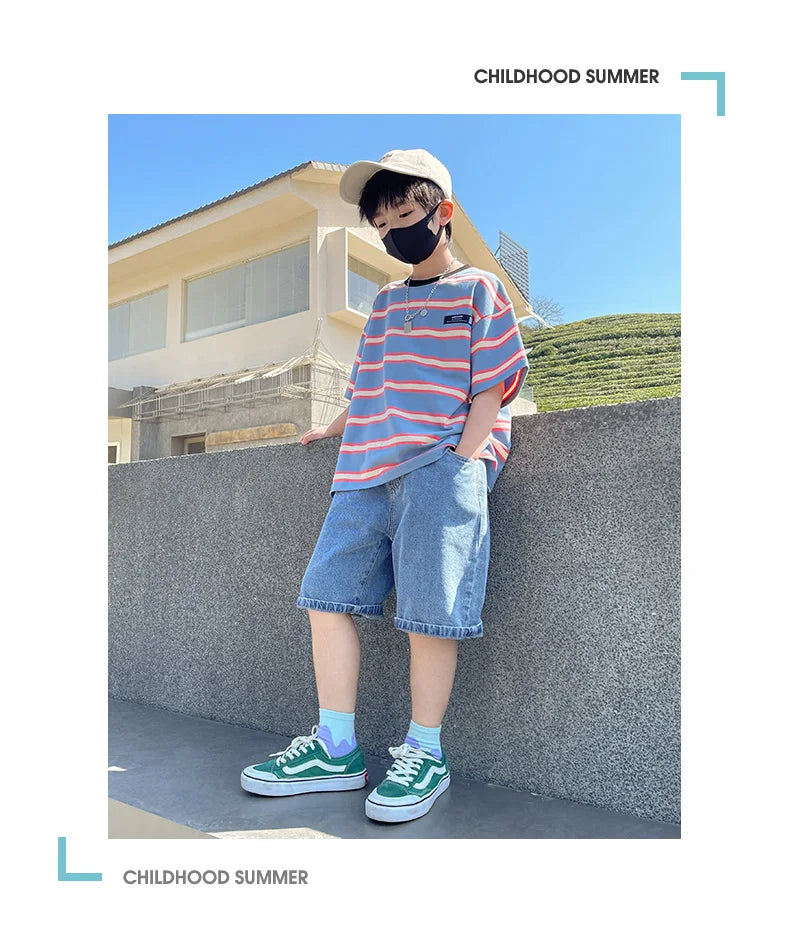 Tween Boy Summer Clothing Set Child Casual Cotton Stripe T-shirt & Denim Shorts 2 Piece Suit Teenage Kids Luxury Clothes Costume