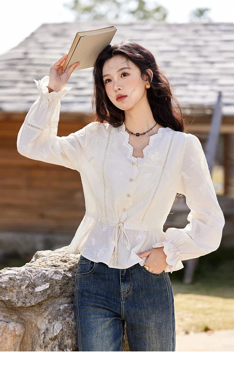 Embroidered Blouse Women 2025 Spring New French Elegant Apricot Lace Premium Drawstring Design V Neck Tops MXE11X1708
