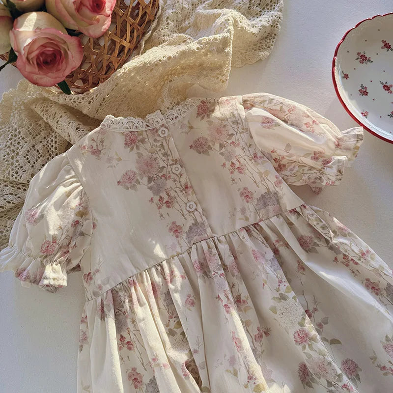 Floral Square Neck Girl's Dress French Gentle Style Summer Lace Short Sleeved Children's Cake Princess Dress Children's Clothing